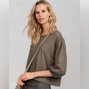 Garnet Hill Blouson Sleeve Cropped Boxy T Brown /Green‎ Pima Cotton
